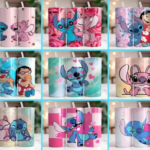 Puede incluir: Colecci&oacute;n de nueve vasos de acero inoxidable con dise&ntilde;os de Stitch y Angel de la pel&iacute;cula Lilo & Stitch. Los vasos tienen pajita y est&aacute;n decorados con fondos rosas, azules y blancos. Los dise&ntilde;os incluyen motivos florales y de coraz&oacute;n.