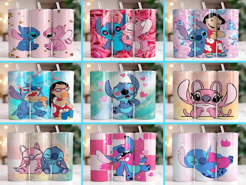 Puede incluir: Colecci&oacute;n de nueve vasos de acero inoxidable con dise&ntilde;os de Stitch y Angel de la pel&iacute;cula Lilo & Stitch. Los vasos tienen pajita y est&aacute;n decorados con fondos rosas, azules y blancos. Los dise&ntilde;os incluyen motivos florales y de coraz&oacute;n.