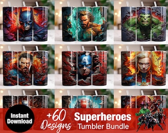 Superhero Tumbler Wrap Bundle,  Instant Download 20oz Tumbler PNG Wraps Design, Digital Cartoon 20 oz Skinny Tumblers Designs Template