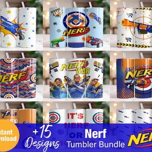 May include: A set of 15 Nerf-themed tumbler designs. The designs feature various Nerf guns, targets, and the Nerf logo. The tumblers are perfect for Nerf fans of all ages.