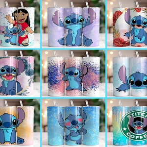 Puede incluir: Nueve vasos de acero inoxidable con varios dise&ntilde;os con el personaje Stitch de Lilo & Stitch. Los vasos tienen diferentes fondos, incluyendo patrones florales, efectos de acuarela y gr&aacute;ficos tem&aacute;ticos de Stitch. Cada vaso tiene una pajita.