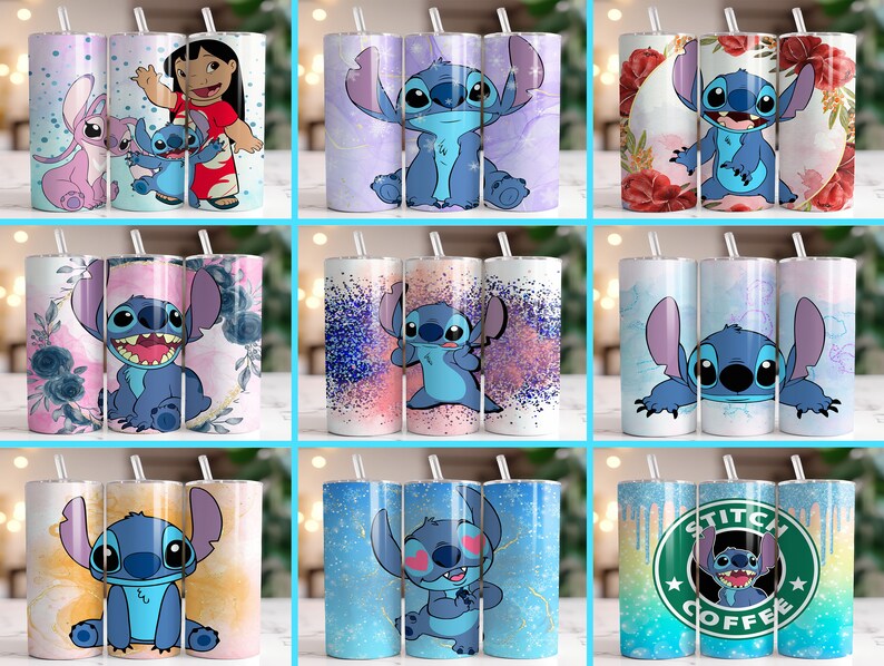 Puede incluir: Nueve vasos de acero inoxidable con varios dise&ntilde;os con el personaje Stitch de Lilo & Stitch. Los vasos tienen diferentes fondos, incluyendo patrones florales, efectos de acuarela y gr&aacute;ficos tem&aacute;ticos de Stitch. Cada vaso tiene una pajita.