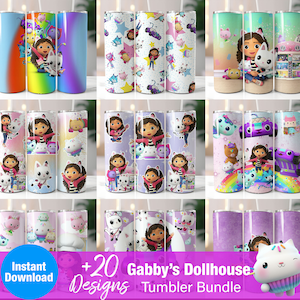 Gabby Dollhouse Tumbler Wrap Bundle,  Instant Download 20oz Tumbler PNG Wraps Design, Digital Gabby’s 20 oz Skinny Tumblers Designs Template