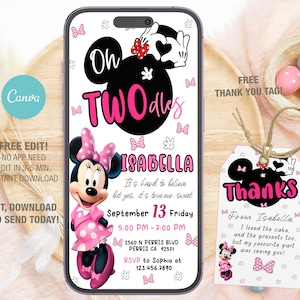 Modello modificabile per invito di compleanno di Minnie mobile, inviti per feste di compleanno, invito per feste digitali per bambini, biglietto di compleanno Evite per download istantaneo
