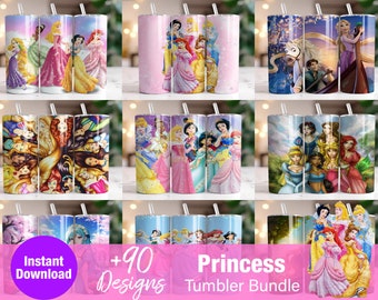 Princess Tumbler Wrap Bundle,  Instant Download 20oz Tumbler PNG Wraps Design, Digital 20 oz Skinny Tumblers Designs Template