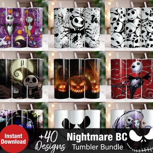 Könnte beinhalten: Ein Set mit 40 Tumbler-Designs zum Thema Nightmare Before Christmas. Die Designs zeigen verschiedene Charaktere aus dem Film, darunter Jack Skellington, Sally und Oogie Boogie. Die Tumbler sind perfekt, um Ihrer Halloween-Dekoration eine gruselige Note zu verleihen.