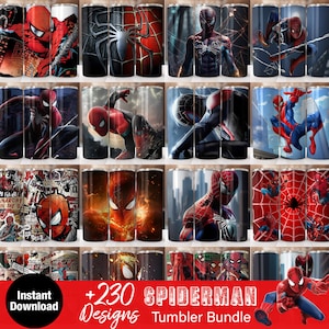 以下が含まれることがあります： スパイダーマンをフィーチャーした230種類の異なるデザインのデジタルダウンロードバンドル。デザインは昇華タンブラー用で、すぐにダウンロードできます。デザインには、黒のクモの巣のある赤と青のスパイダーマン、黒の衣装を着たスパイダーマン、赤と青の衣装を着たスパイダーマンなど、さまざまなポーズと設定のスパイダーマンが描かれています。