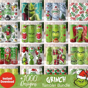 Könnte beinhalten: Ein Set mit 12 Grinch-Tumbler-Designs mit verschiedenen Bildern des Grinchs, darunter er mit einem Weihnachtsmann-Hut, auf einem Stuhl sitzend und einen Weihnachtsbaum haltend. Die Designs beinhalten auch Texte wie "Grinchmas" und "Naughty or Nice".