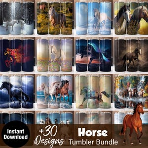 K&ouml;nnte beinhalten: Ein Bundle mit 30 Designs f&uuml;r Tumbler mit Pferde-Motiven. Die Designs zeigen verschiedene Pferderassen in verschiedenen Posen und Umgebungen. Die Tumbler sind perfekt, um Ihren Getr&auml;nken im Alltag eine pers&ouml;nliche Note zu verleihen.