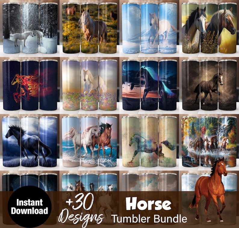 K&ouml;nnte beinhalten: Ein Bundle mit 30 Designs f&uuml;r Tumbler mit Pferde-Motiven. Die Designs zeigen verschiedene Pferderassen in verschiedenen Posen und Umgebungen. Die Tumbler sind perfekt, um Ihren Getr&auml;nken im Alltag eine pers&ouml;nliche Note zu verleihen.