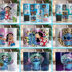 Puede incluir: Una colecci&oacute;n de vasos de acero inoxidable con dise&ntilde;os del personaje Stitch de la pel&iacute;cula Lilo & Stitch. Los vasos muestran varias escenas y patrones, incluyendo a Stitch con Lilo, hojas tropicales e impresi&oacute;n de leopardo.