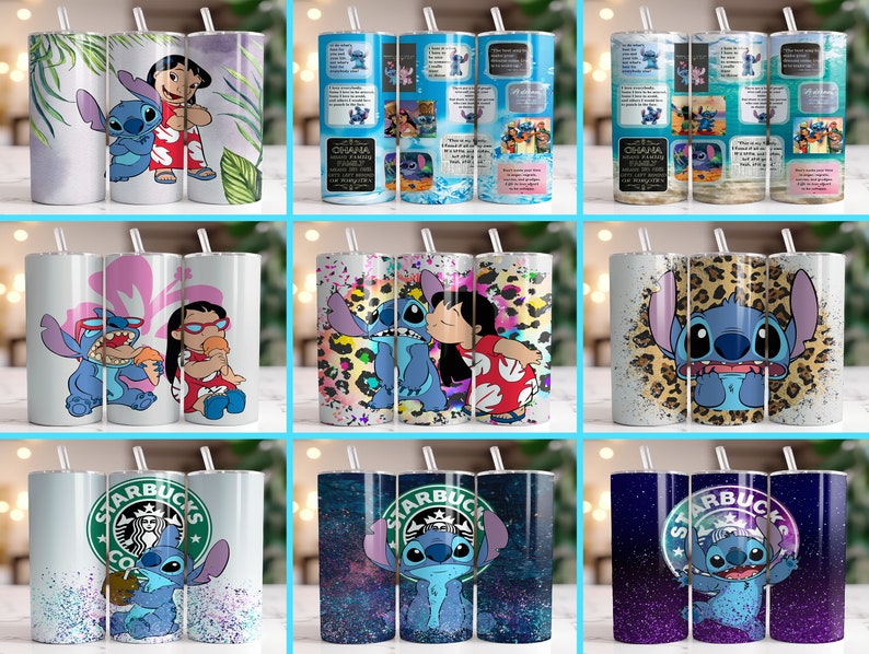 Puede incluir: Una colecci&oacute;n de vasos de acero inoxidable con dise&ntilde;os del personaje Stitch de la pel&iacute;cula Lilo & Stitch. Los vasos muestran varias escenas y patrones, incluyendo a Stitch con Lilo, hojas tropicales e impresi&oacute;n de leopardo.