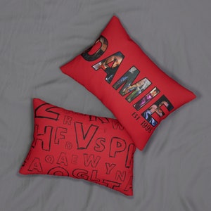 Personalized Name Photo Lumbar Pillow | Stylish Red and Black Design | Double-Sided Print with Edgy Street Lettering | Personalized Pillow