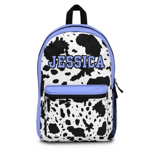 Black and Lavender Blue Cowhide Back Pack, Custom Name Backpack for Girls, Cool Unique Bookbag for Tween, Bookbag For Teens, Cow Print bag