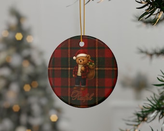 Adorno navideño de cerámica personalizado con forma de osito de peluche a cuadros