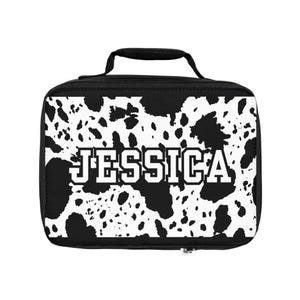 Boîte à lunch en cuir de vachette noire, Boîte à lunch avec prénom personnalisé pour fille, Sac à lunch unique et cool pour préadolescent, Cartable pour ados, Boîte à lunch à imprimé vache