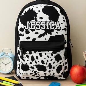 Black Cowhide Back Pack, Custom Name Backpack for Girls, Cool Unique Bookbag for Tween, Bookbag For Teens, Cow Print Back Pack