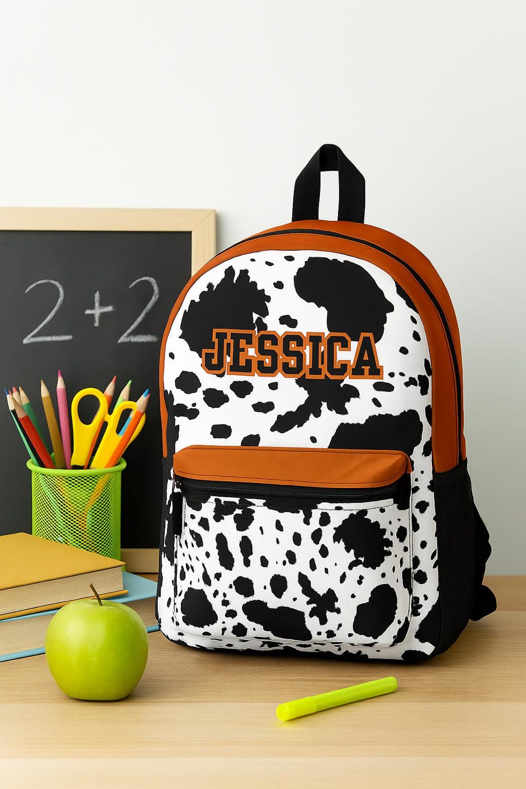 Personalized Cow Print Backpack: Black & Orange Cowhide Bookbag - Etsy