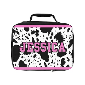 Boîte à lunch en cuir de vachette noire et rose, Boîte à lunch avec prénom personnalisé pour fille, Sac à lunch unique et cool pour préadolescent, Cartable pour ados, Boîte à lunch à imprimé vache