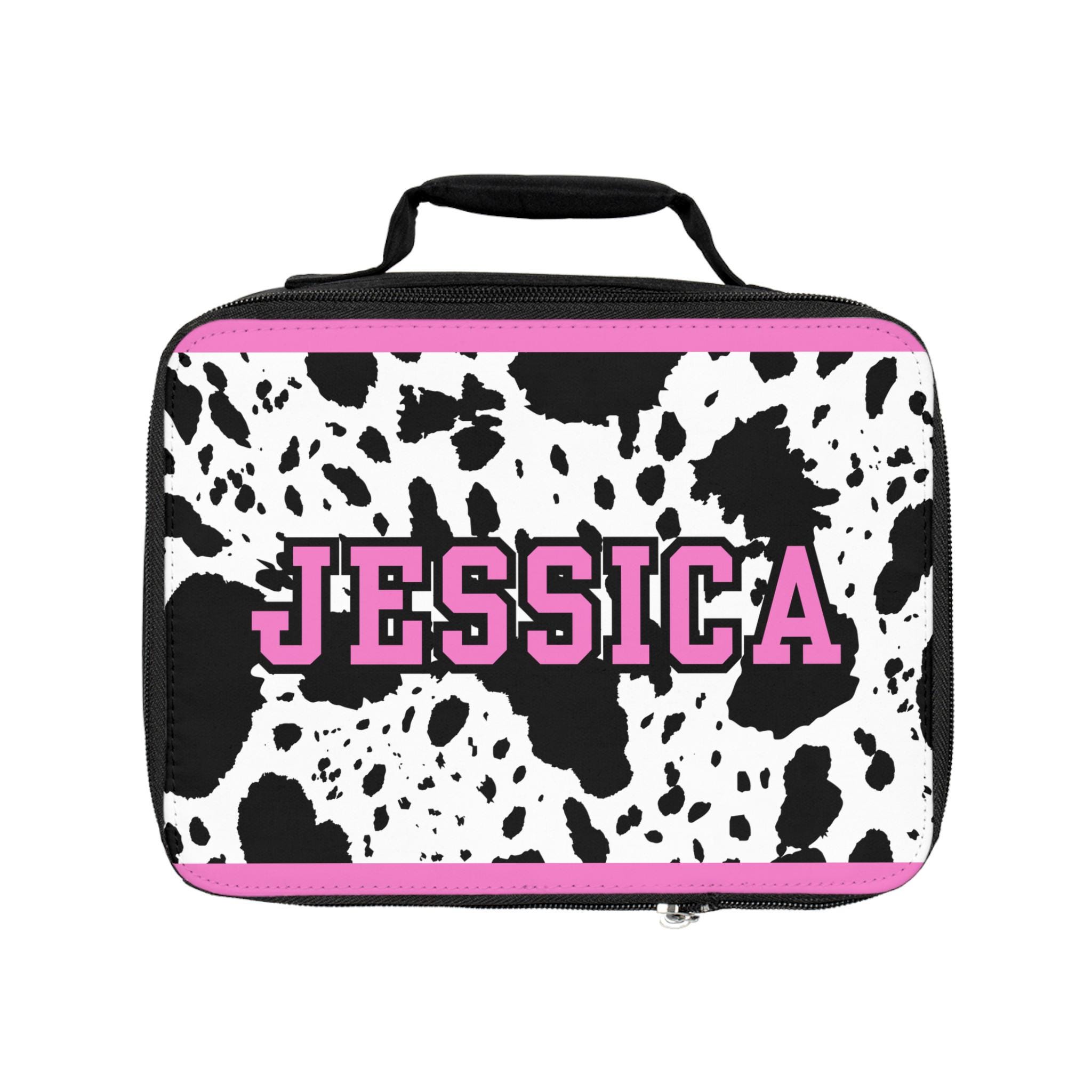 Black and Pink Cowhide Lunch Box, Custom Name Lunchbox for