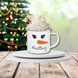 Smiling Snowman Personalized Enamel Mug, Holiday Snowman Mug, Custom Name Snowman Mug, Personalized Girls Christmas Mug, Snowman Mug