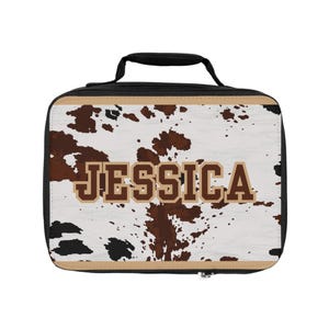 Bruine koeienhuid lunchbox, lunchbox met aangepaste naam voor meisjes, coole unieke lunchtas voor tween, boekentas voor tieners, lunchbox met koeprint