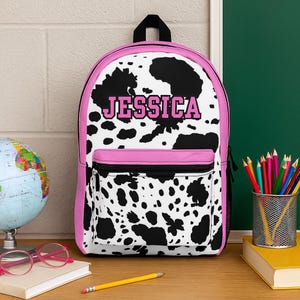 Black and Pink Cowhide Back Pack, Custom Name Backpack for Girls, Cool Unique Bookbag for Tween, Bookbag For Teens, Cow Print Back Pack