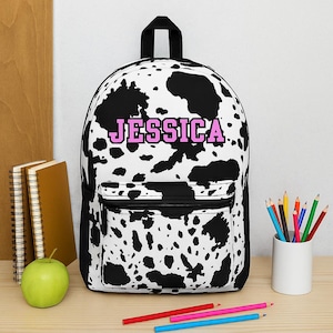 Black Cowhide Back Pack, Custom Name Backpack for Girls, Cool Unique Bookbag for Tween, Bookbag For Teens, Cow Print Back Pack , Pink