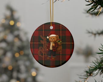 Adorno de cerámica personalizado de osito de peluche a cuadros, decoración navideña