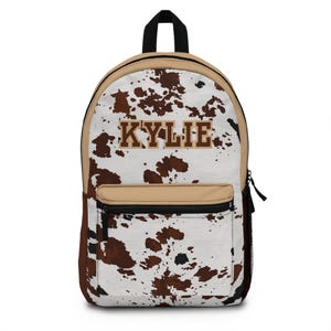 Brown Cowhide Back Pack, Custom Name Backpack for Girls, Cool Unique Bookbag for Tween, Bookbag For Teens, Cow Print Back Pack