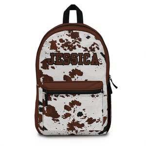 Brown Cowhide Back Pack, Custom Name Backpack for Girls, Cool Unique Bookbag for Tween, Bookbag For Teens, Cow Print Back Pack