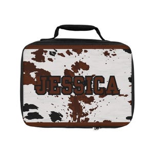 Boîte à lunch en cuir de vachette marron, Boîte à lunch avec prénom personnalisé pour fille, Sac à lunch unique et cool pour préadolescent, Cartable pour ados, Boîte à lunch à imprimé vache