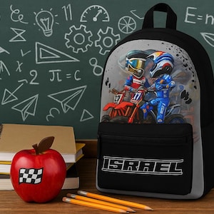 Sac à dos personnalisé pour motocross | Cartable pour garçons avec prénom personnalisé | Cartable pour la rentrée des classes pour garçons | sac à dos garçon | Nom de la moto sac à dos