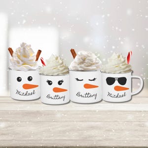 Smiling Snowman Personalized Enamel Mug, Holiday Snowman Mug, Custom Name Snowman Mug, Personalized Boys Christmas Mug, Snowman Mug