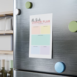 May include: A printable lesson plan template with the title "Ms. Brooks' Lesson Plan" in pink and orange text. The template is divided into five sections: "Instructional Focus/Goals", "Essential Skills", "Learning Experiences", "Materials Needed", and "Assessment".