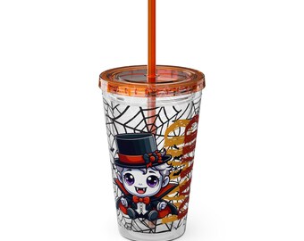 Bicchiere personalizzato per Halloween con motivo vampiro, bicchiere in acrilico a forma di ragnatela