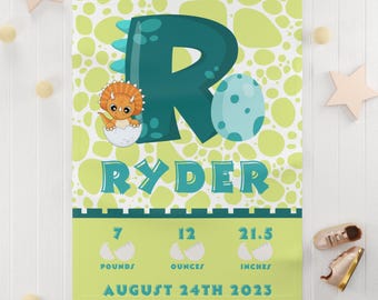 Personalized Baby Birth Stats Blanket, Dinosaur Baby Name Blanket, Custom Newborn Announcement, Dino Baby Shower Gift