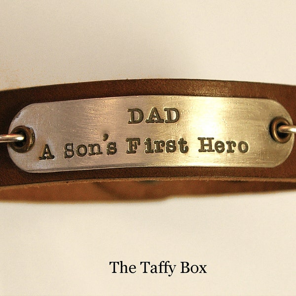 Custom Hand Stamped Silver and Leather Bracelet - DAD