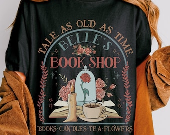 Vintage Retro Belle&#39;s Book Shop Shirt, Comfort Colors Tee, Tale As Old As Time, Beauty and The Beast Disney Magic Kingdom Disneyland Shirt