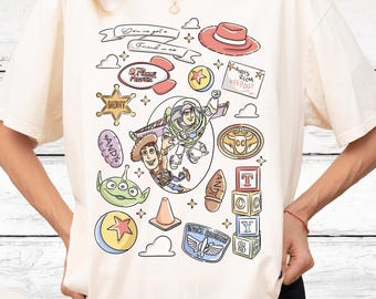 Toy Story Cartoon Doodle Graphic T-Shirt with Woody and Buzz Lightyear for Disney Fans Park Outfit Pixar Movie Lover Gift Unisex