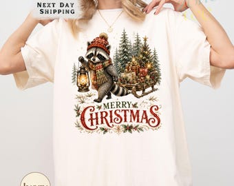Cute Woodland Raccoon Comfort Colors Shirt, Merry Christmas Winter Animal Tee Vintage Forest Holiday Nature Gift