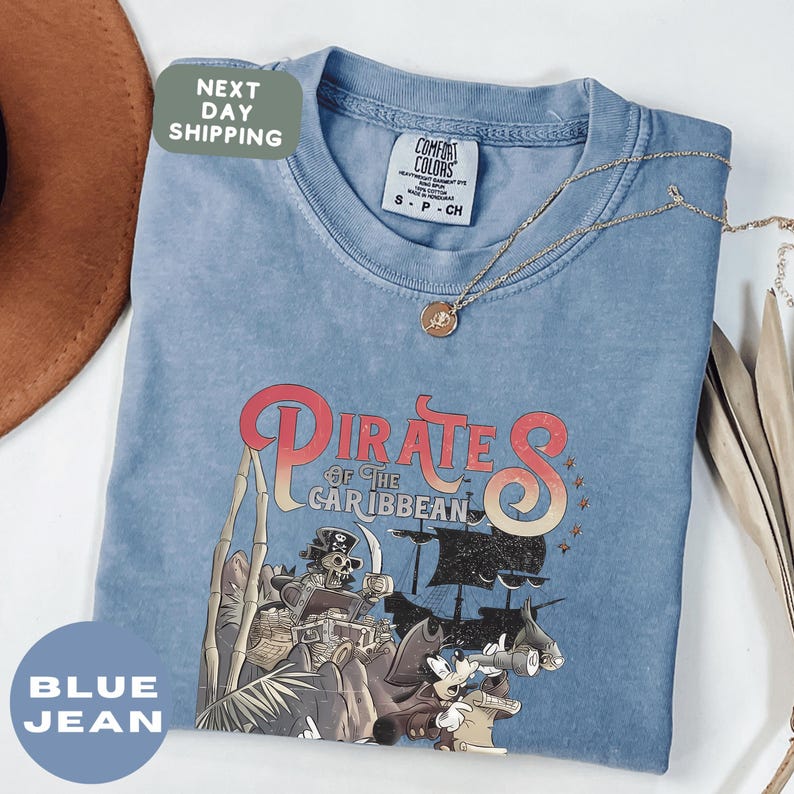 A blue t-shirt with a pirate-themed graphic printed on it, along with a necklace and a brown hat.