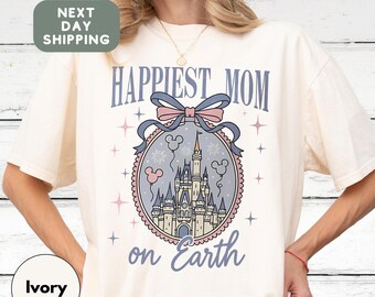 Retro Happiest Mom Shirt Disney Tee, Castle & Coquette Bow Design (Comfort Colors, Relaxed Fit, Soft Cotton)