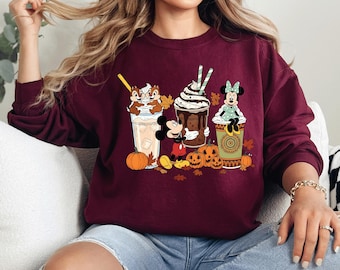 Disney Mickey and Friends Fall Coffee Sweatshirt, Pumpkin Spice Latte Pullover, Cozy Autumn Park Day Sweater, Cute Disney Fall Outfit