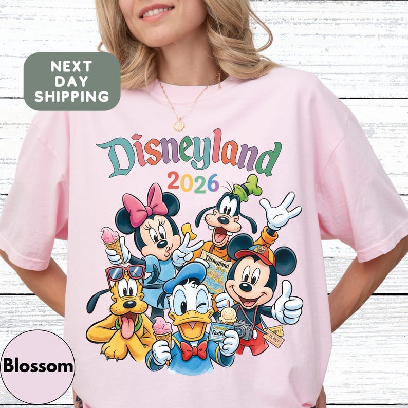 A woman wearing a pink t-shirt with a colorful graphic of Disney characters from the theme park.