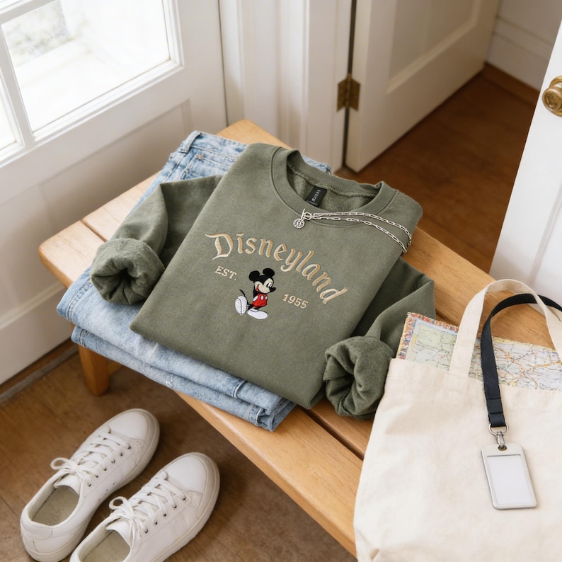 A green sweatshirt with the Disneyland logo, a pair of blue jeans, white sneakers, and a beige tote bag are arranged on a wooden bench.