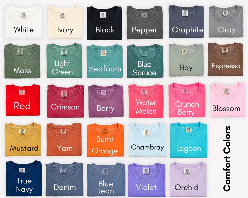 a collection of 24 t-shirts in various colors, arranged in a grid pattern.
