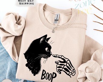 Skeleton Cat Boop Halloween Sweatshirt, Spooky Cat Lover Sweater, Skeleton Hand Cat Mom Halloween Pullover