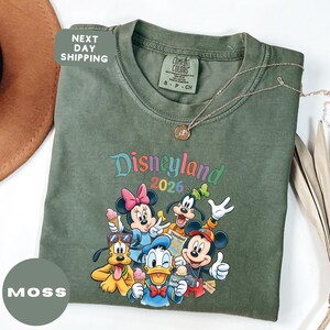 A green t-shirt with a colorful graphic of Disney characters from Disneyland, including Minnie Mouse, Mickey Mouse, Donald Duck, and Goofy, along with a tag that says "Next Day Shipping".