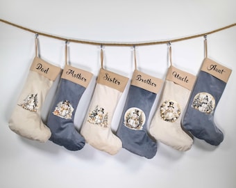 May include: Six Christmas stockings hanging from a rope, each with a name: Dad, Mother, Sister, Brother, Uncle, and Aunt. The stockings alternate between beige and blue-gray, with a snowman design and a tan cuff.
